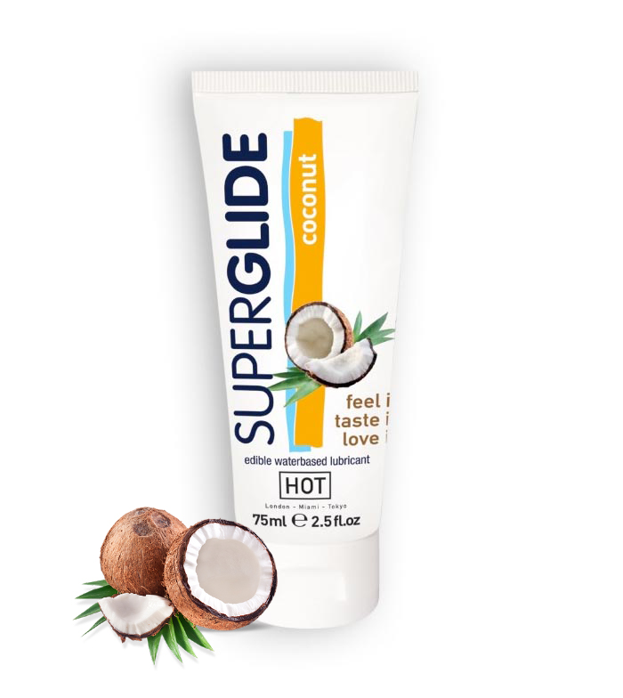 KOKOSŲ SKONIO VANDENS PAGRINDO LUBRIKANTAS "HOT SUPERGLIDE COCONUT" - 75 ML 
“Hot Superglide” - sukurtas gardžioms akimirkoms.  
Vandens pagrindo  lubrikantas, pasižymintis  itin natūraliu aromatu  ir  skoniu , pasirūpins ne tik  ilgalaikiu lubrikavimu , bet ir paskatins atrasti naujus oralinius potyrius. Dėka puikios formulės, į kurią neįeina silikonas, produktas tinkamas  net jautriausią odą  turintiems malonumų mėgėjams - jis nesukels dirginimo ir diskomforto. Lubrikantas nepalieka žymių ir yra nelipnus.  
Tinkamas vaginalinei ir oralinei sueičiai, taip pat galima naudoti su latekso prezervatyvais ir sekso žaislais. 
  
Kaip išsirinkti ir tinkamai naudoti lubrikantą?