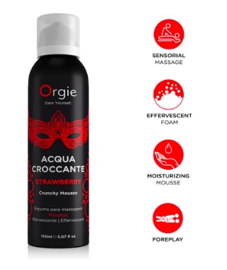 BRAŠKIŲ AROMATO MASAŽO PUTOS "ACQUA CROCCANTE STRAWBERRY" - 150 ML  
“Acqua Croccante Strawberry” - tai  aukštos kokybės drėkinamosios putos , pasižyminčios nuostabiu braškių aromatu, skirtos jaudinančių pojūčių masažui.  
Tai  unikalus produktas - jis turi išskirtinį “traškumo” efektą , suteikiantį naujų spalvų Jūsų meilės gyvenimui ir nuostabų aromatą. 
Nuostabus, saldus braškių aromatas, leis mėgautis masažo malonumais ir atsipalaiduoti.   
Naudodami šį aliejų atsipalaiduosite, būsite jausmingesni ir erotiškesni. 